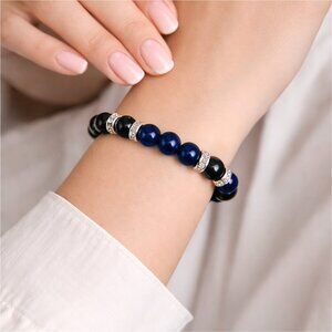 Handmade Blue and Black Theme Beaded Stretch Bracelet with Silver Spacers